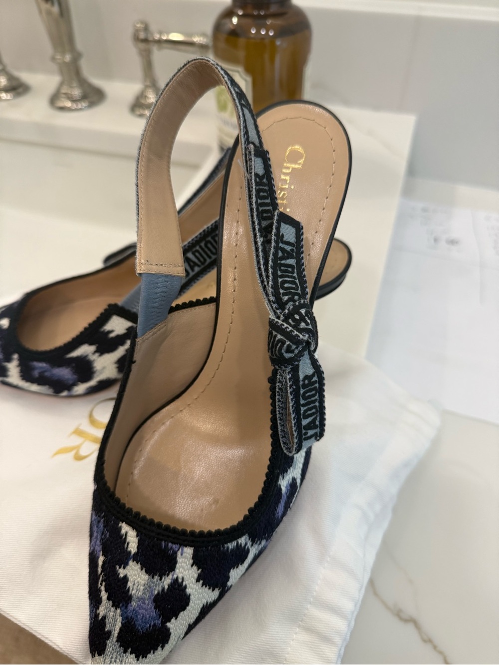 Dior Navy and Black Leopard-Print Slingback kitten heels - Picture 2 of 5